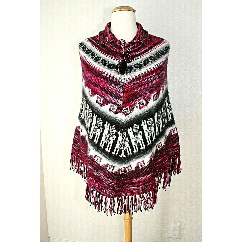VTG Outdoor Poncho Top Black White Pink Fringe Ornamental Stripes BOHO #04